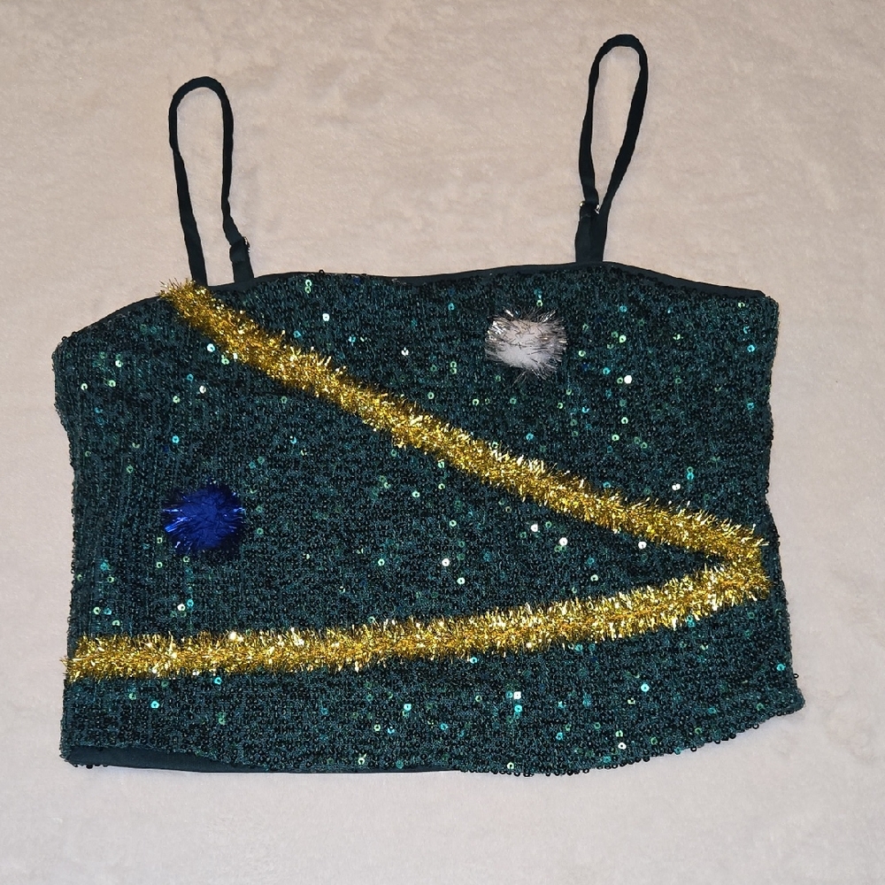 Love on a Hanger New Glittery Green Garland Christmas Crop Top Size Small